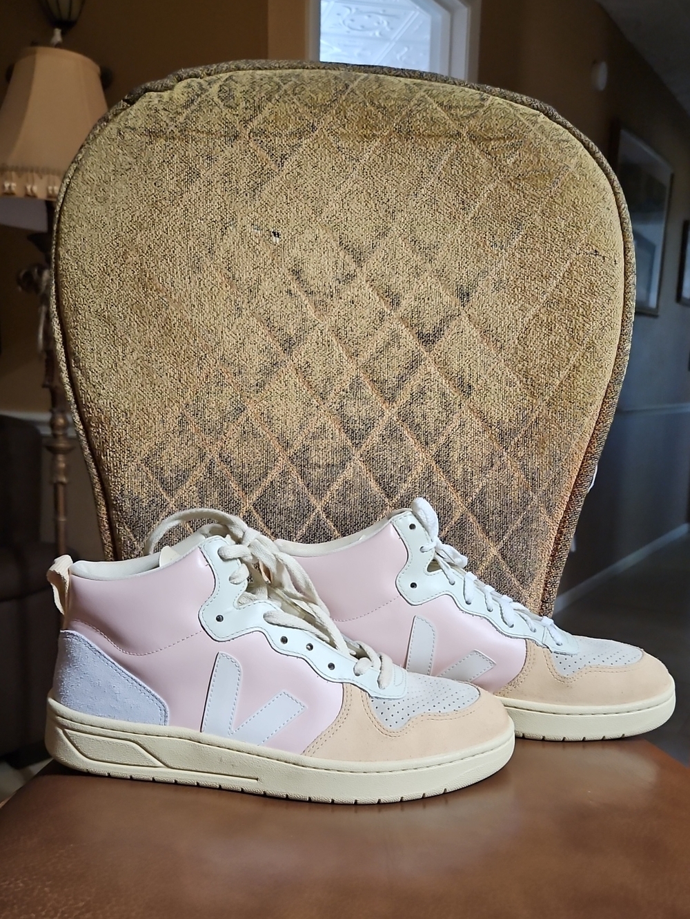 Veja V-15 Leather Petale White Multico Lace Up High Top Sneakers Shoes Pink Blue
